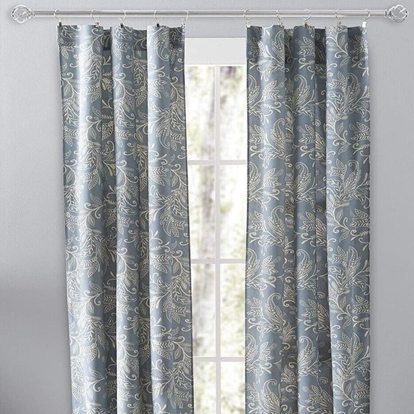 Ellis- Lexington Leaf Curtain Panel Set w Ties Rod Pocket Floral Blue 56X84L NEW - Picture 5 of 10